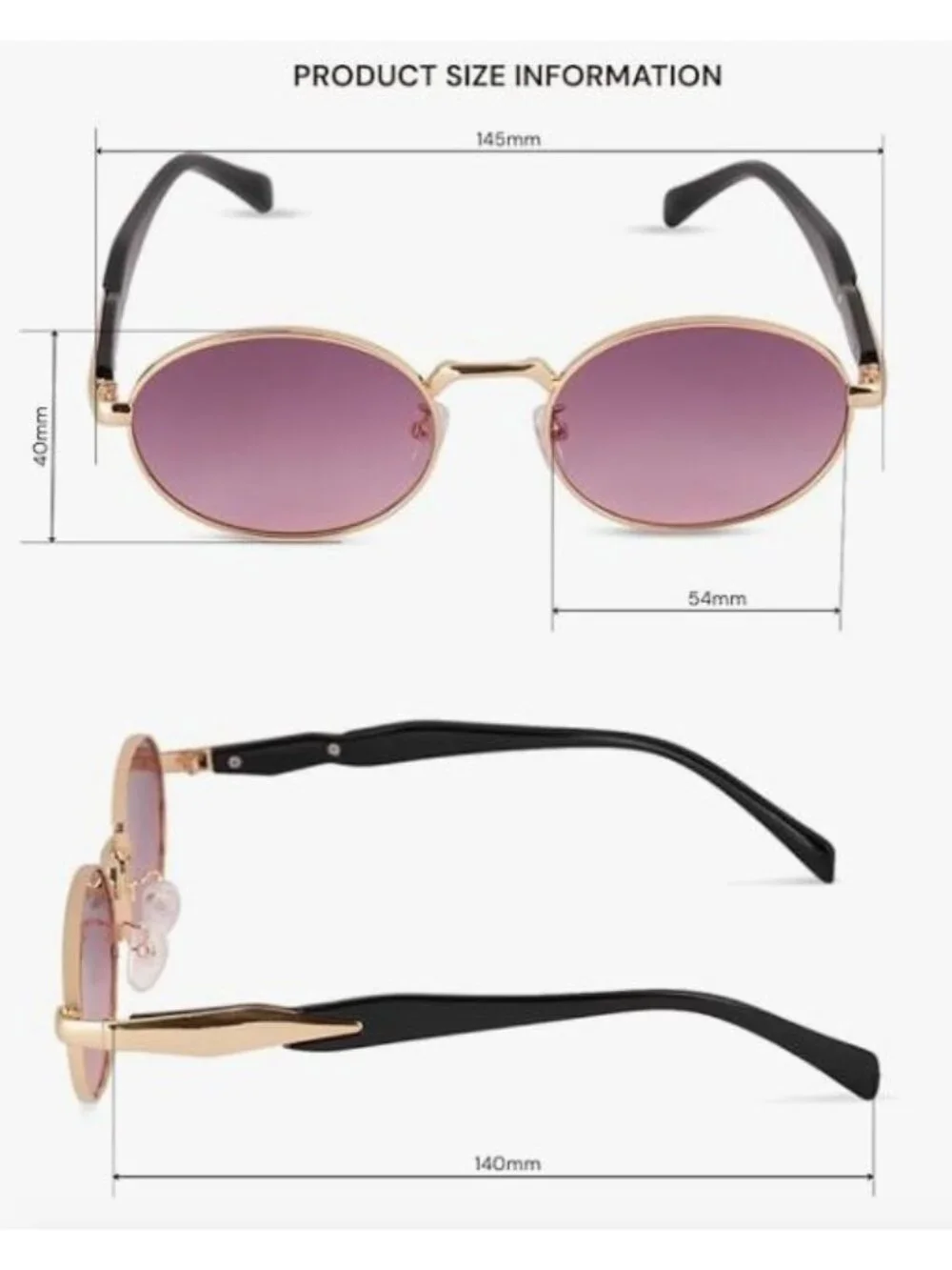 Oval Gold Metal Frame Sunglasses Purple Gradient Lenses Retro Vintage Black Arms